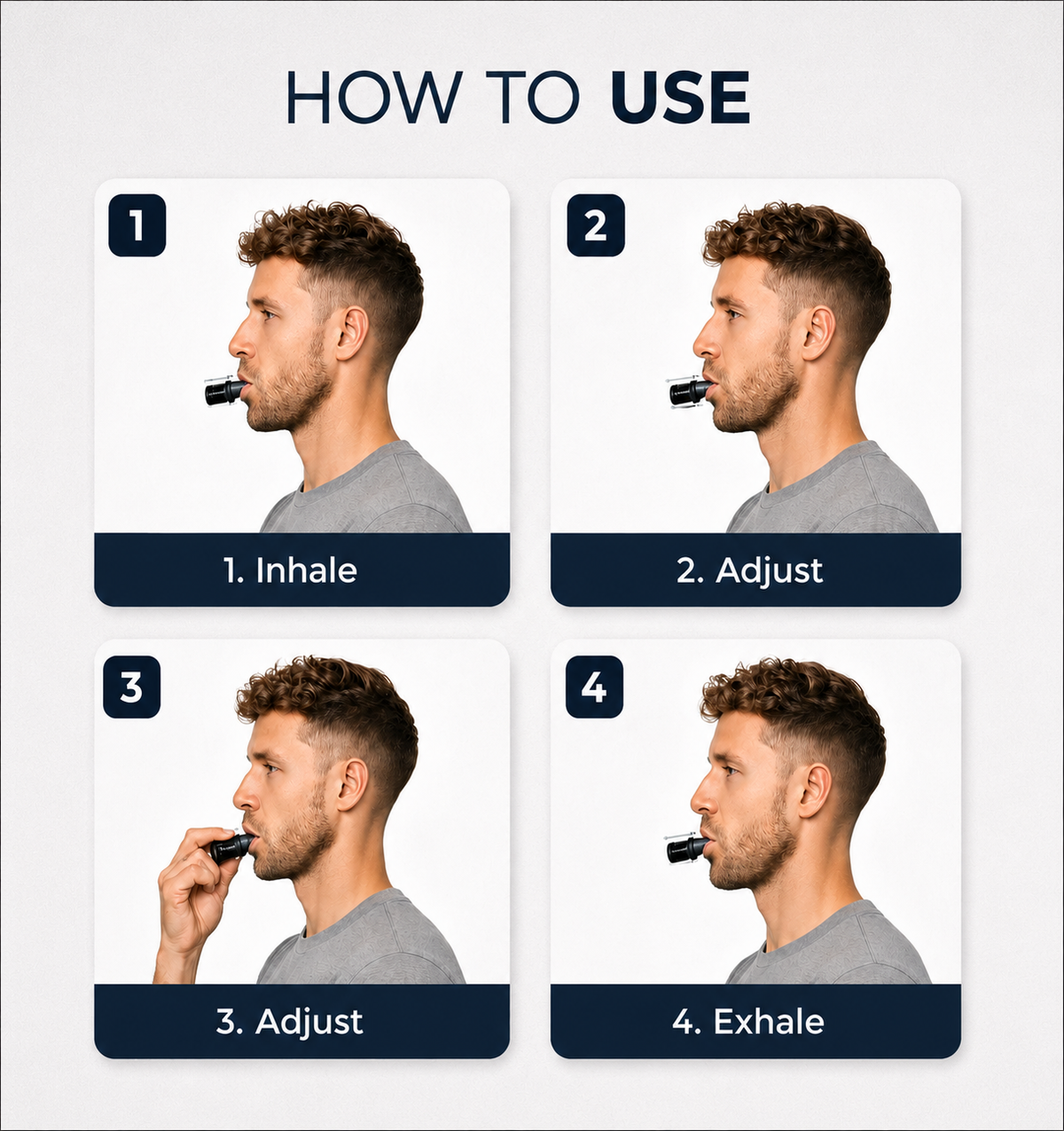 Four-step guide to using the Zephyrex lung trainer: inhale, adjust, inhale, exhale