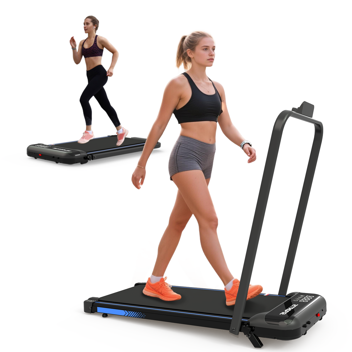 Woman using a portable treadmill on a white background