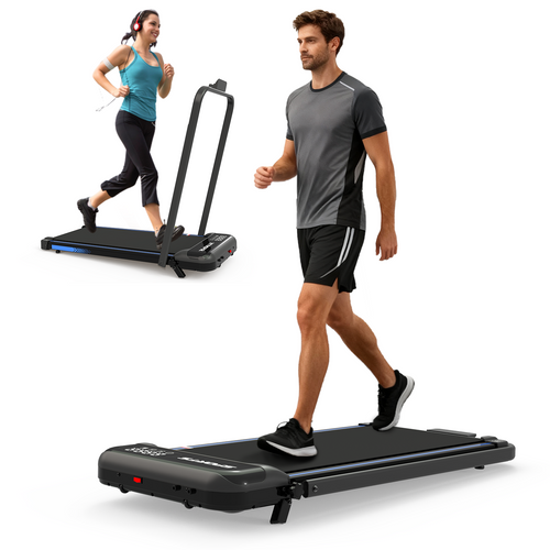 Two people using portable treadmills on a white background
