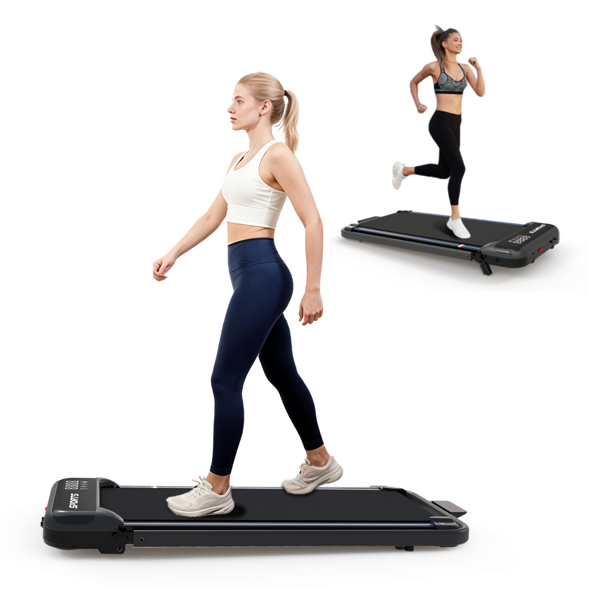 Woman using a portable treadmill with an inset showing a different angle of her using it.