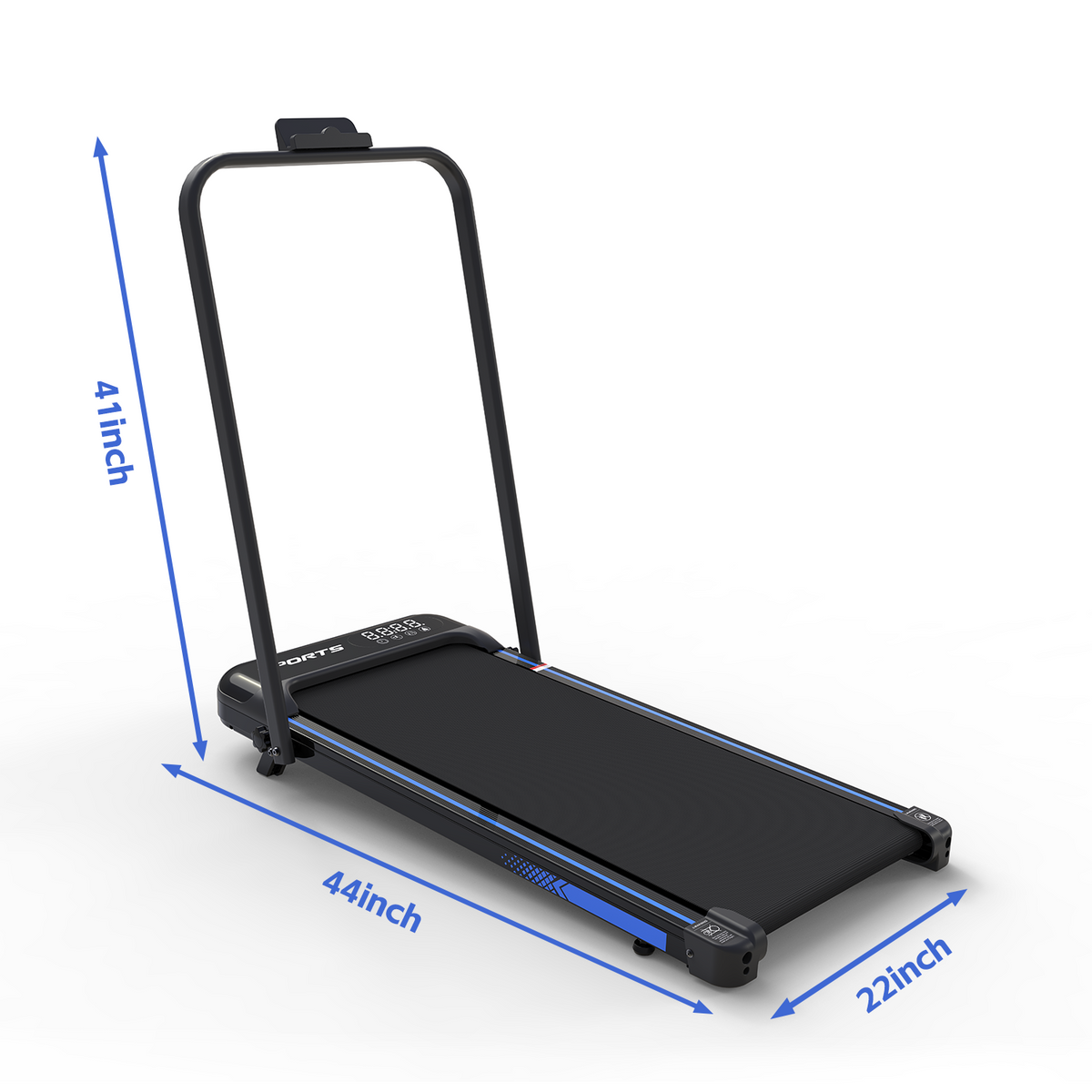 Portable treadmill with dimensions indicated on a white background