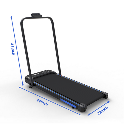 Portable treadmill with dimensions indicated on a white background