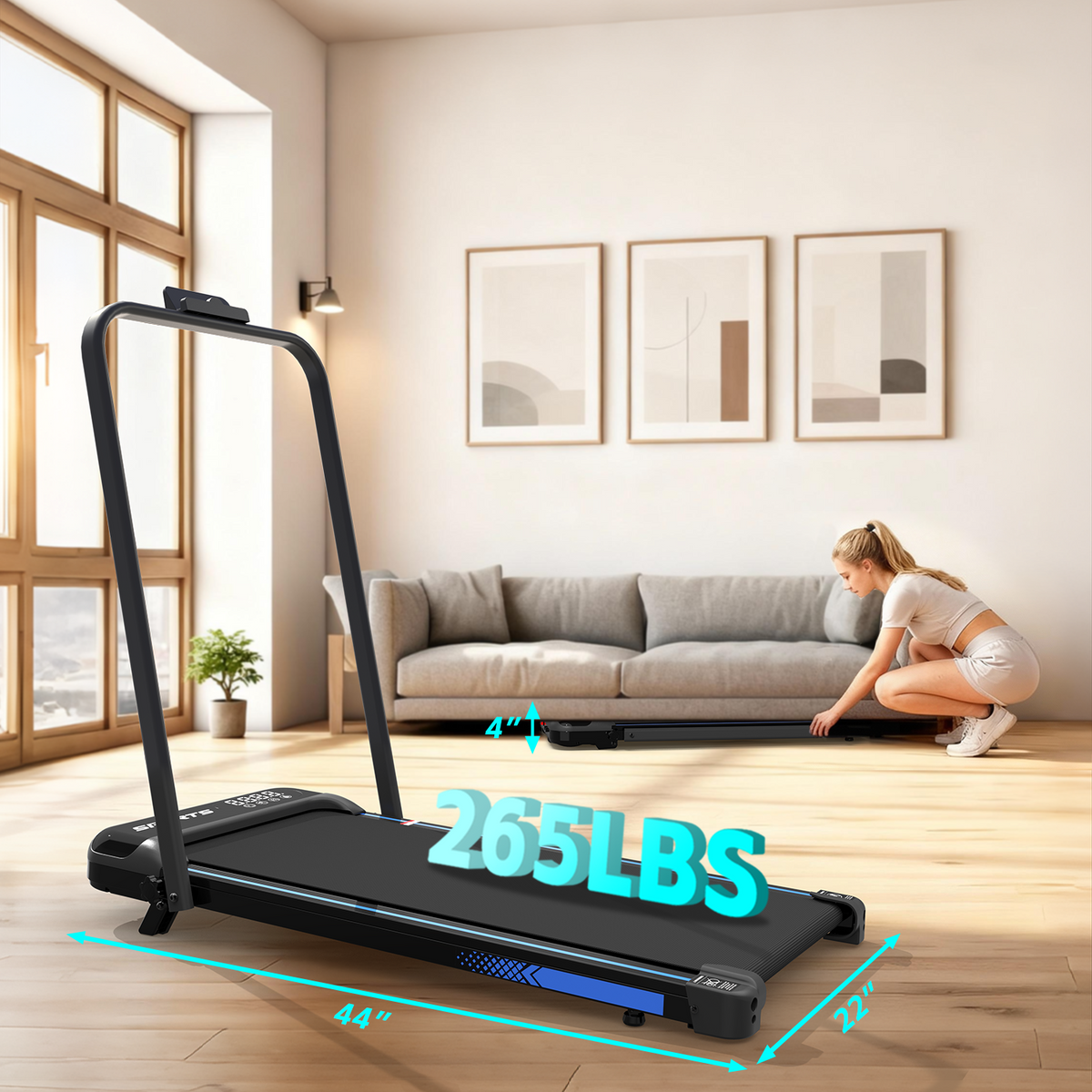 Treadmill with weight capacity display in a living room setting