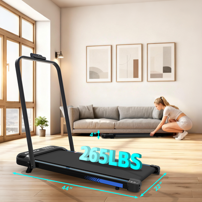 Treadmill with weight capacity display in a living room setting