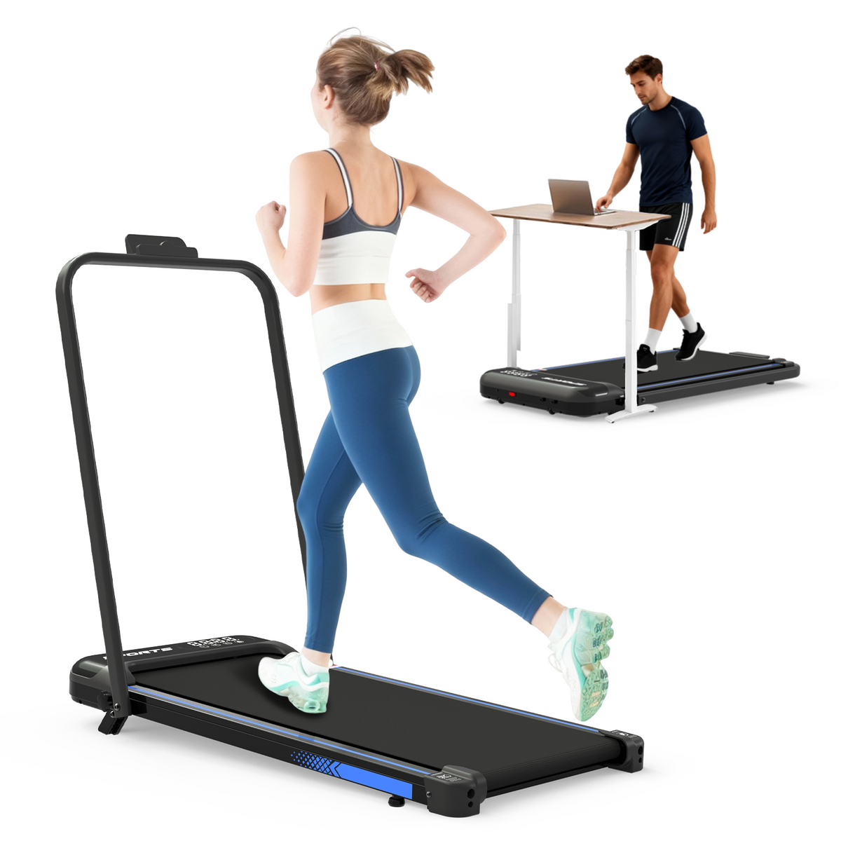 Woman using a treadmill with a man working at a desk in the background